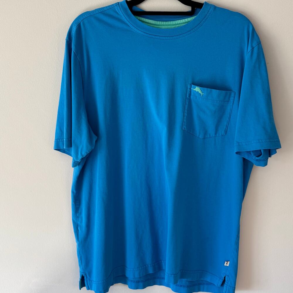Tommy Bahama Mens Large Blue Pocket T-Shirt Marlin Logo Embroidered Cotton